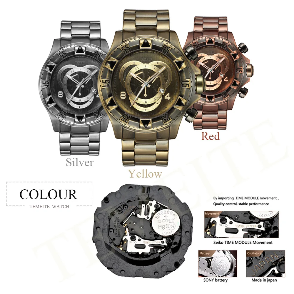 Temeite Retro Men Watches Luxury Brand Bronze Stainless Steel Quartz Sport Big Dial Male Wrist Watches Relogio Masculino 2022