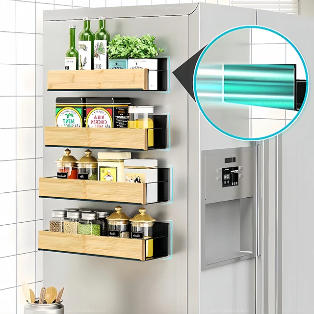 แม่เหล็กตู้เย็นชั้นวางเครื่องเทศชั้นเก็บเหล็กสีดําประหยัดพื้นที่สําหรับตู้ด้านข้างตู้เย็นห้องครัวชั้นวางของ 1