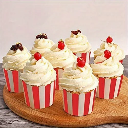 50 Stück elegante Muffin-Einlagen aus Papier mit roten Streifen – Cupcake-Backförmchen mit Weihnachtsmotiv für Partys und Hochzeiten – Detail 7
