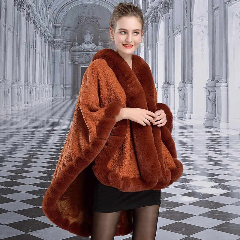 

Full Trim Faux Rex Rabbit Fur Overcoat Long Thick Soft Lamb Wool Coat Cape Luxury Winter Women Outerwear Cloak Double Sides