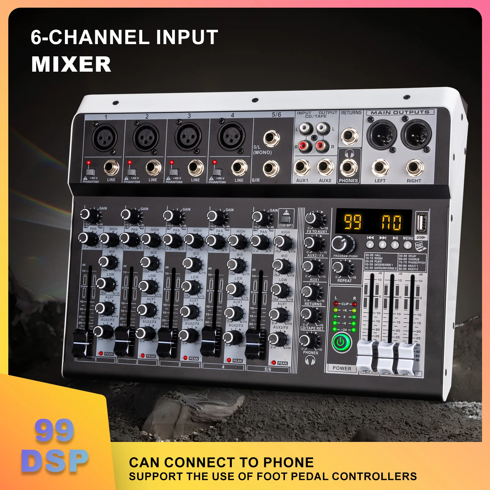 4 / 6 Channel Audio Interfacer DJ Mixer Sound Board 99-Bit DSP Effect USB Audio Mixer Effects +48V Phantom Bluetooth for Karaoke
