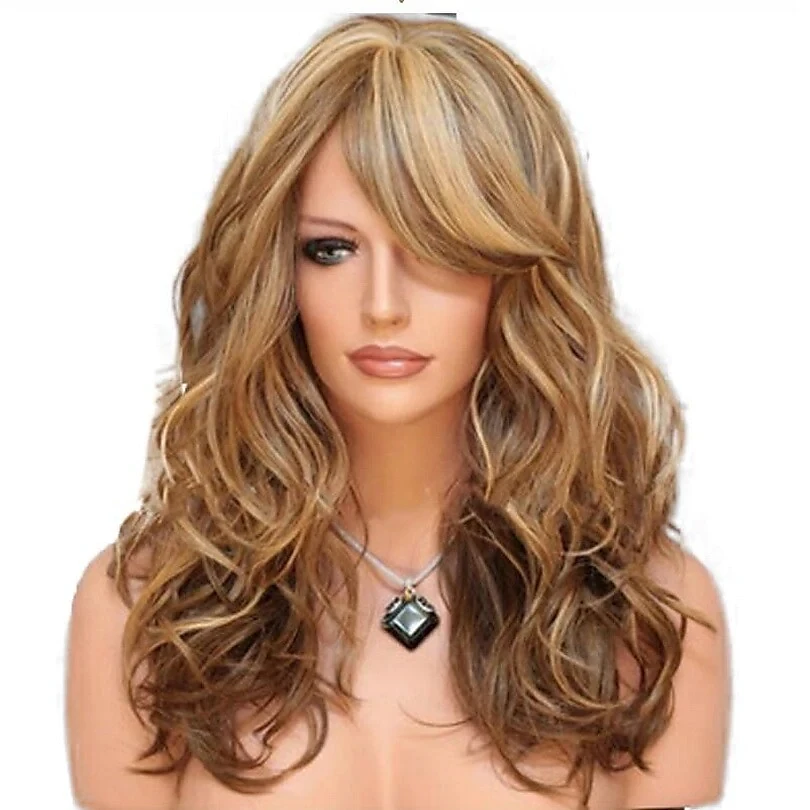 

Medium Length Light Golden Light Brown Black / Red Synthetic Hair Blonde Wigs for Women Synthetic Wig Curly with Bangs Wig