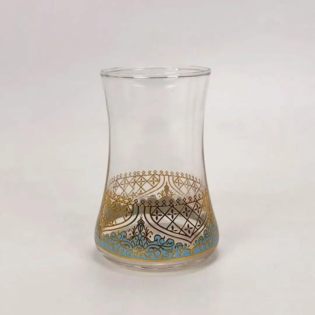 터키식 차잔 세트, 받침 접시 포함, 커피잔, 로맨틱하고 이국적인 유리 티컵, 블루 골드, 주방 장, 3개 세트