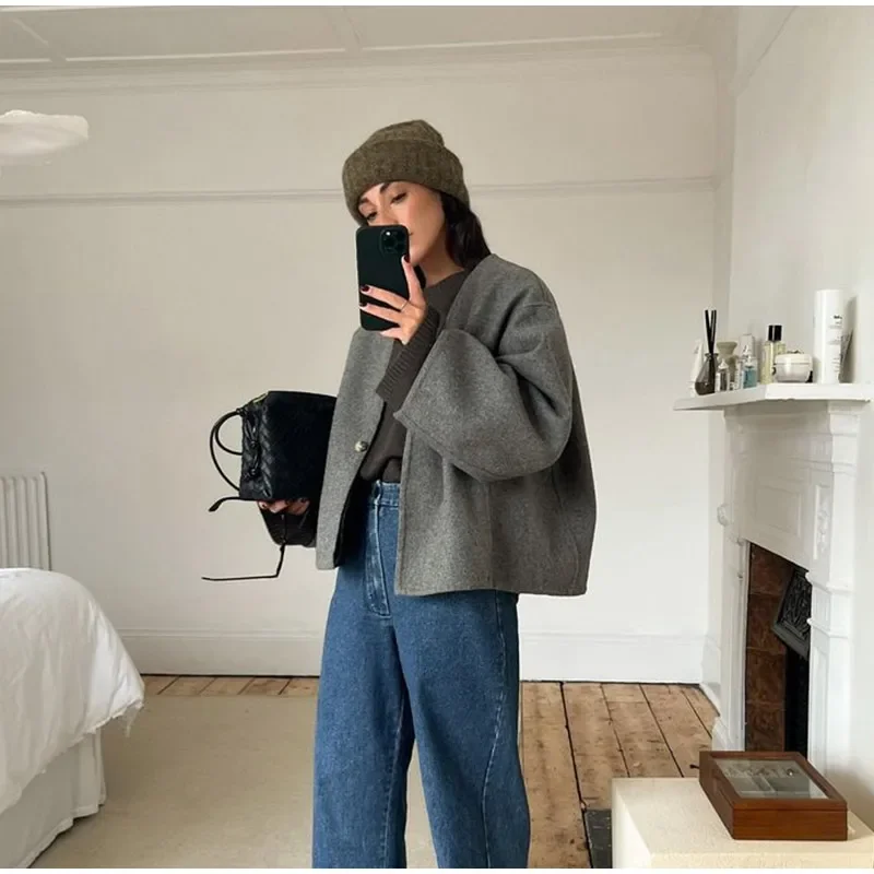 Vintage One Button Woolen Coat Women Gray Loose Long Sleeve V-neck Short Jacket Female Autumn Winter Casual Lady New in Outwears