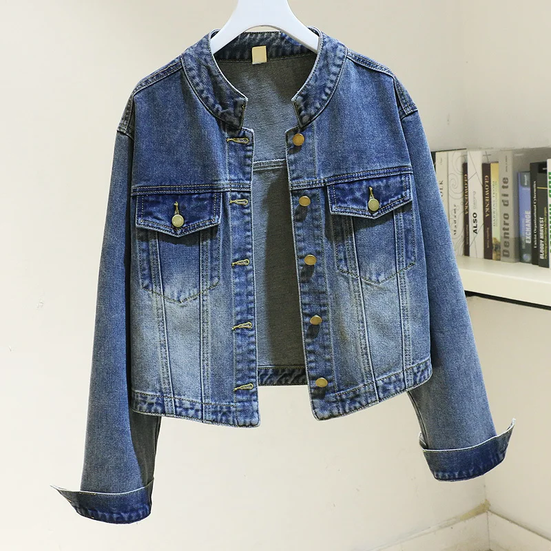 

Spring Autumn Vintage Blue Stand Collar Denim Jacket Women Student Cowboy Outerwear Loose Short Big Pocket Jeans Jacket Female