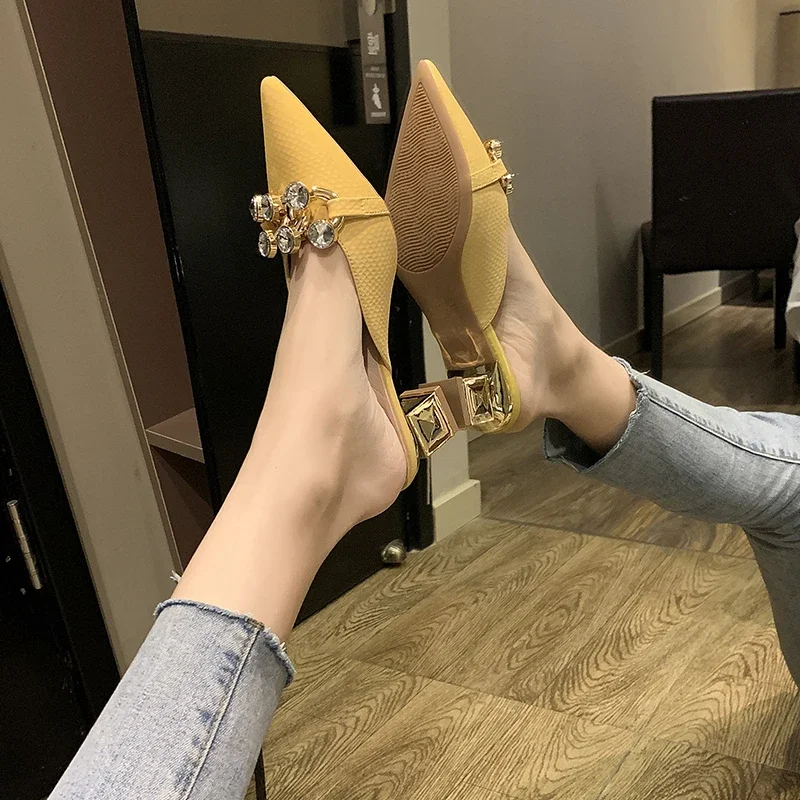 Sexy High Heel Mules Ladies Leather Sole Slippers Women Crystal Shine Metal Chian Pointed Toe Platform Mules Slip on Shoes Woman