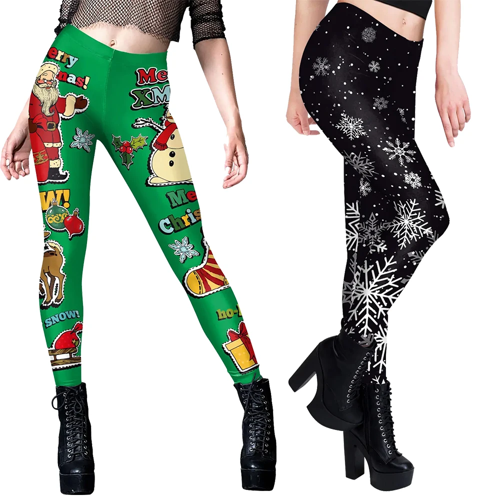 

[You're My Secret] Christmas Leggings for Women Sexy Snowflake Printing Holiday Party Pants Female Funny Elastic Tights Trousers