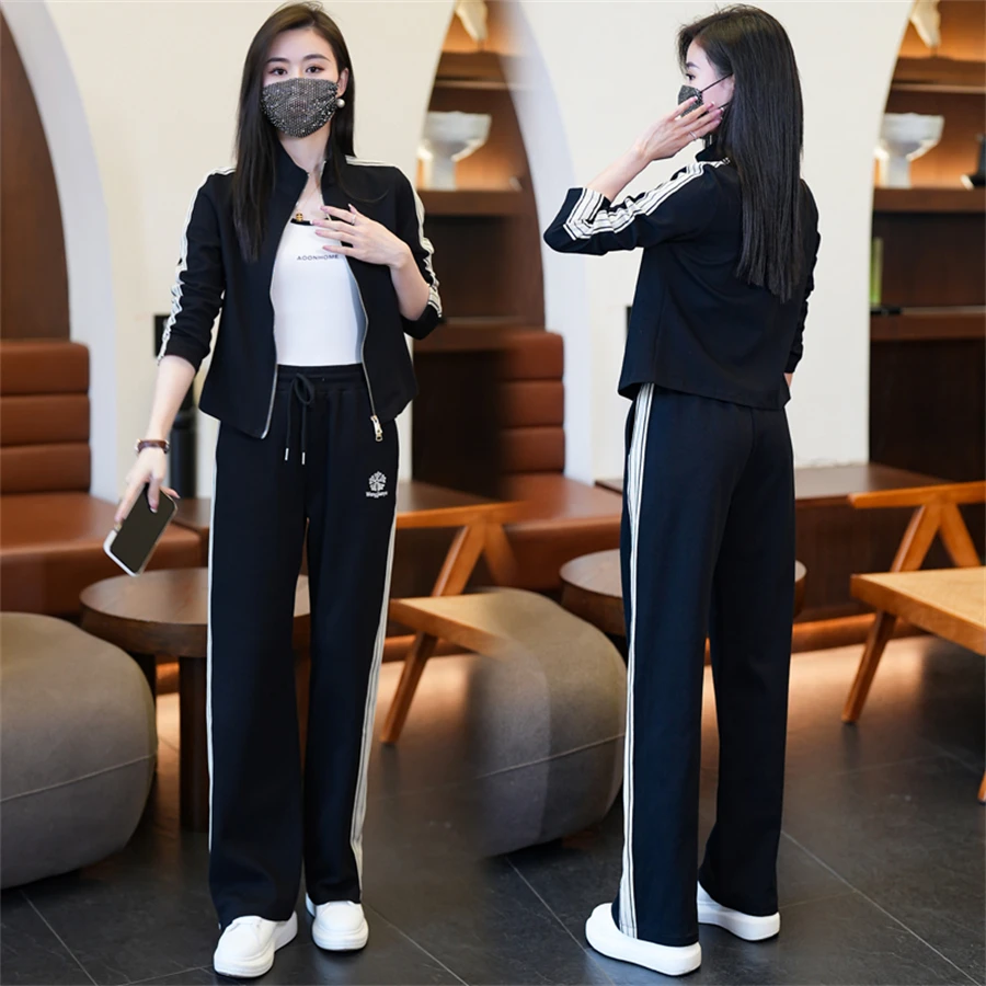 Women's 2-Piece Tracksuit Set - Zip Jacket & Wide Leg Pants With Side Stripes (Casual Sportswear For Lounge, Travel, Workouts)