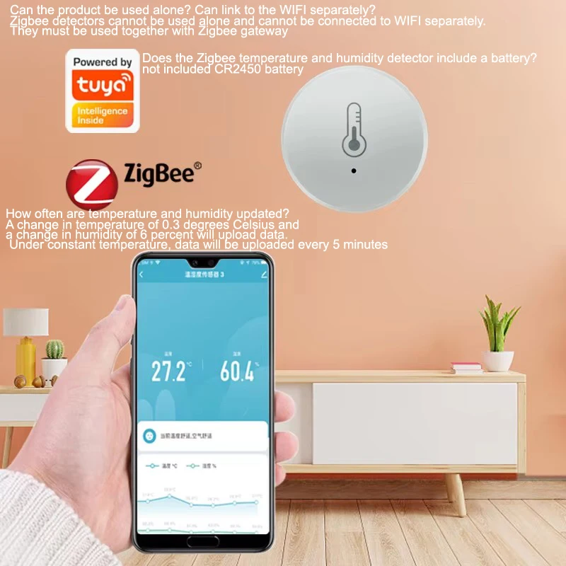 Tuya Zigbee Temperature Humidity Sensor Voice Control Intelligent Home Hygrometer Real-time Monitoring Voice Alexa
