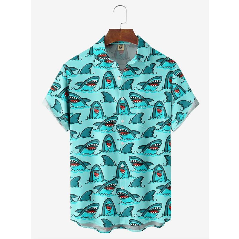 

New Hawaii Shirt For Men Kawaiian Shark 3D Print Short Sleeve Cuban Blouse Beach Summer Holiday Shirts Street Everyday y2k Tops