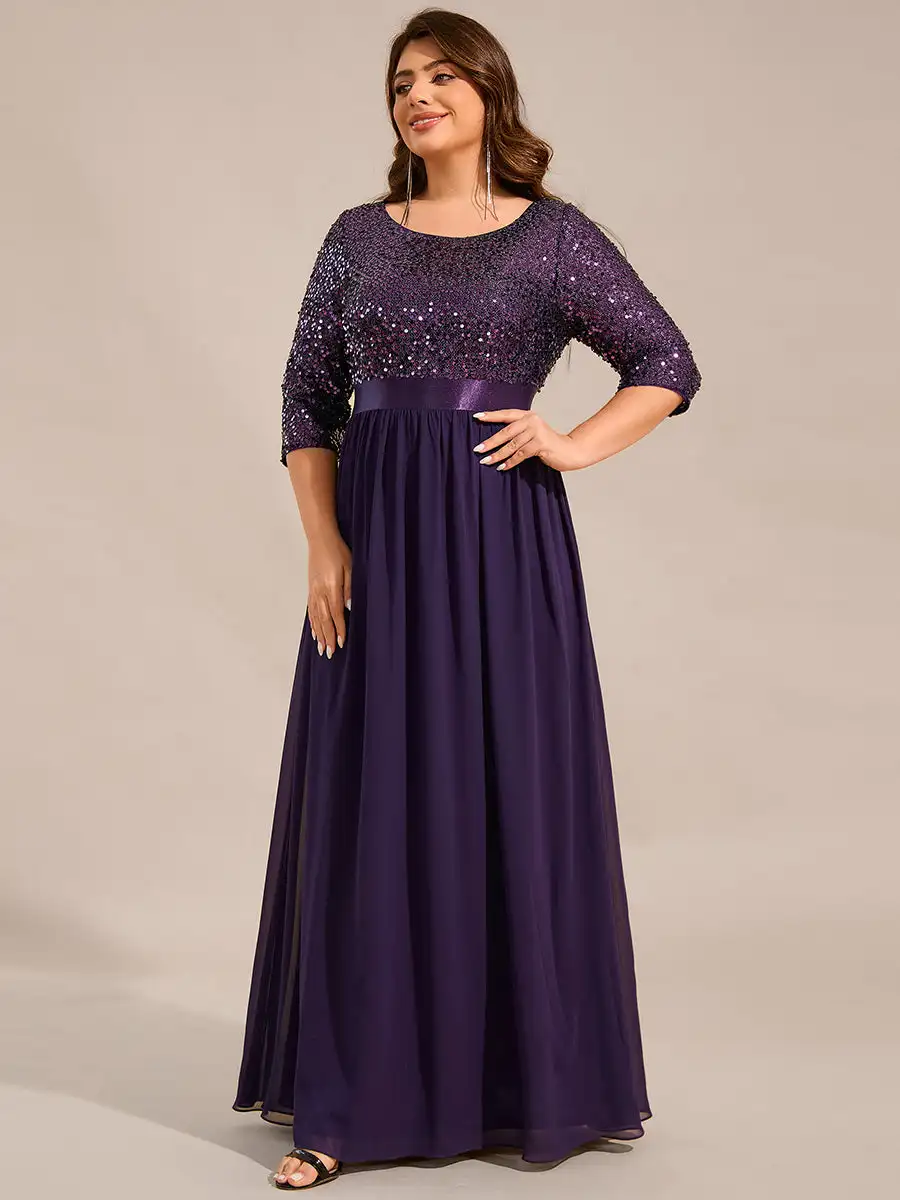 Ever-Pretty Women's Plus Size Sequin Evening Gown - Navy Blue A-Line V-Neck Long Sleeve Formal Dress