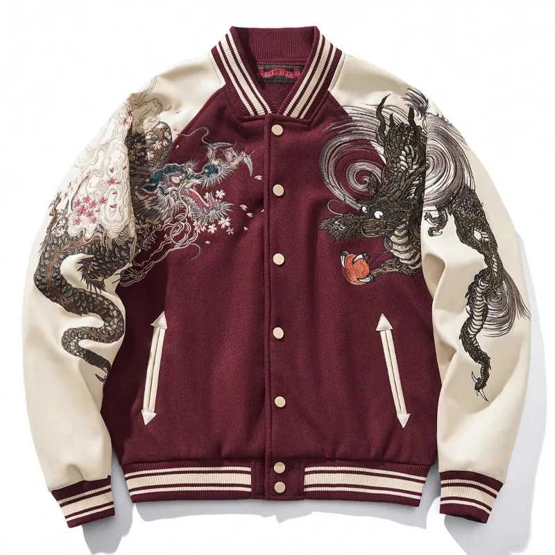 Dragon Year Red New Cartoon Embroidery Jacket Men's And Women's Couple Baseball Uniform Coat National Fashion Chaquetas Mujer