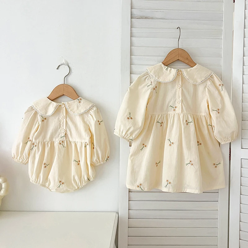 Sisters Clothes Infant Baby Girls Lace Collar Dress Rompers Kids Girls Embroider Flower Princess Dress Family Clothes Rompers 3