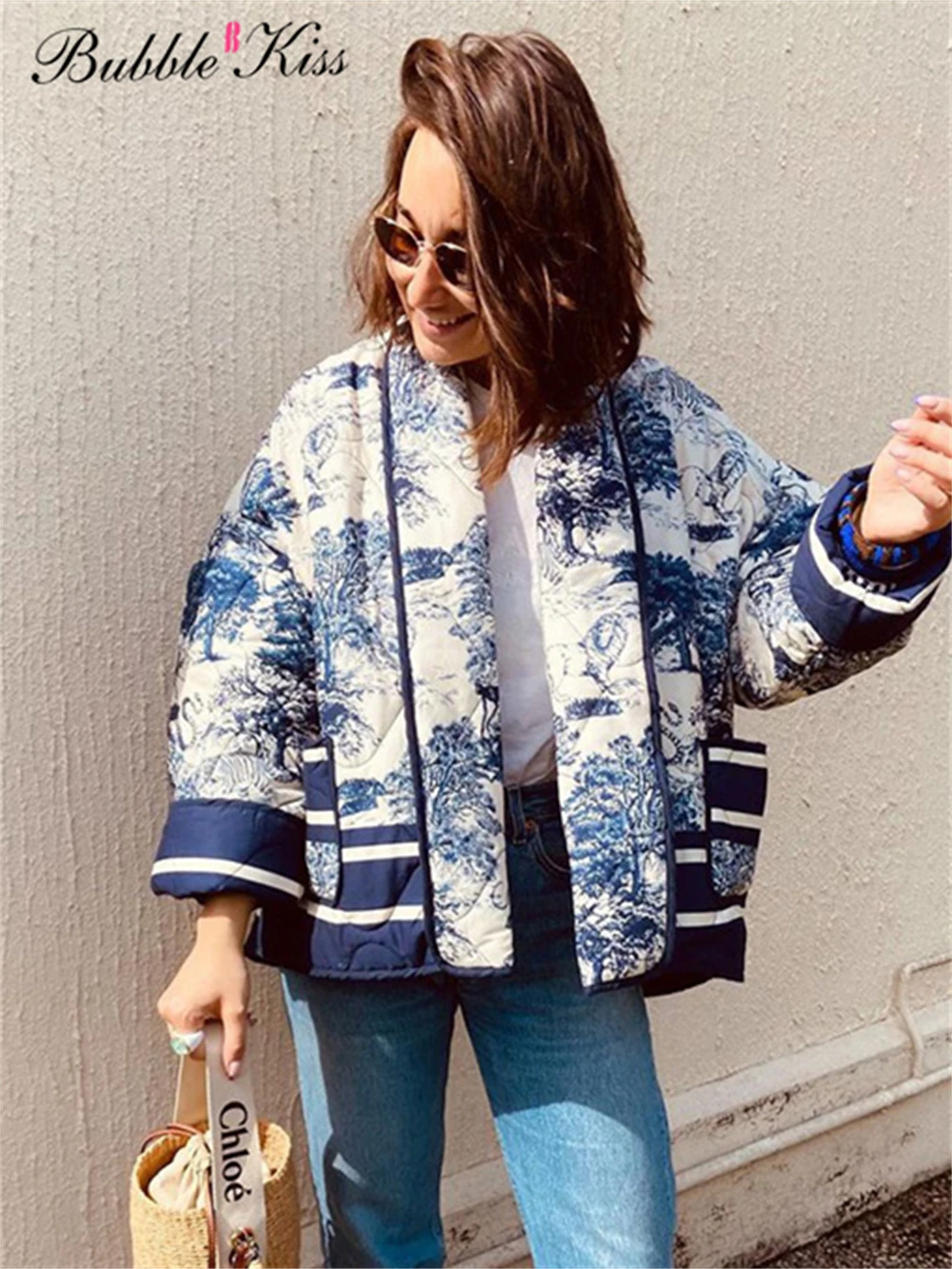 

BubbleKiss Autumn Winter Vintage Cotton Jackets Coats Women Fashion Print Outwear Loose Long Sleeve Top Female Elegant Streetwea