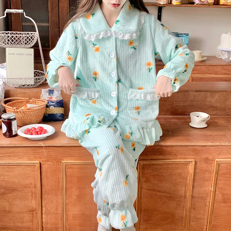 

Winter Women Pyjama Sets Nightgown Pijama Suit Female Homewear Warm Flannel Button Pajamas Thicken And Warm For Girl Lounge Sets