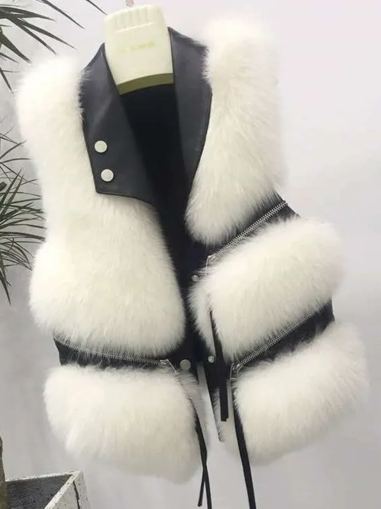 Fluffy Women Vests Coat 2023 New Autumn Winter Splice Zipper Sleeveless Fur Jacket Short Outerwear Artificial Fur Waistcoat