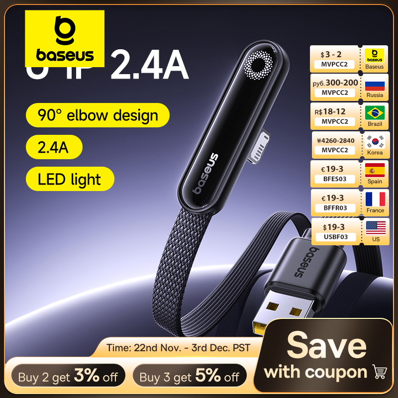 Baseus MVP3 Elbowed 2.4A USB Cable For iPhone 14 13 12 LED Light USB Cable for iPad Pro Fast Charging Data Wire For iPhone 7 6S