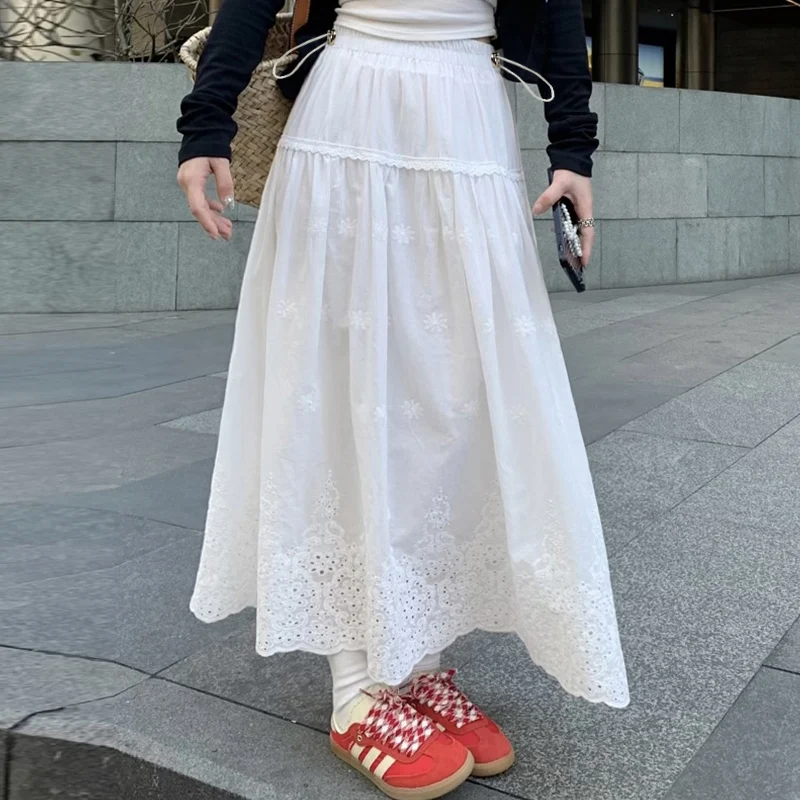 Korean Style Sweet Summer A-Line Maternity Skirt Drawstring Waist Hollow Out Embroideried Lace Pregnant Woman Skirt Breathable