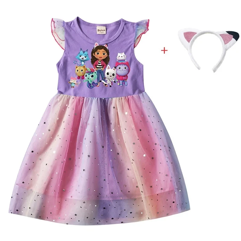 Kids Gabby's Doll House Cosplay Costume Cartoon Gabby Printed Girl Dresses Clothes Children Fly Sleeve Casual Dress + Headband