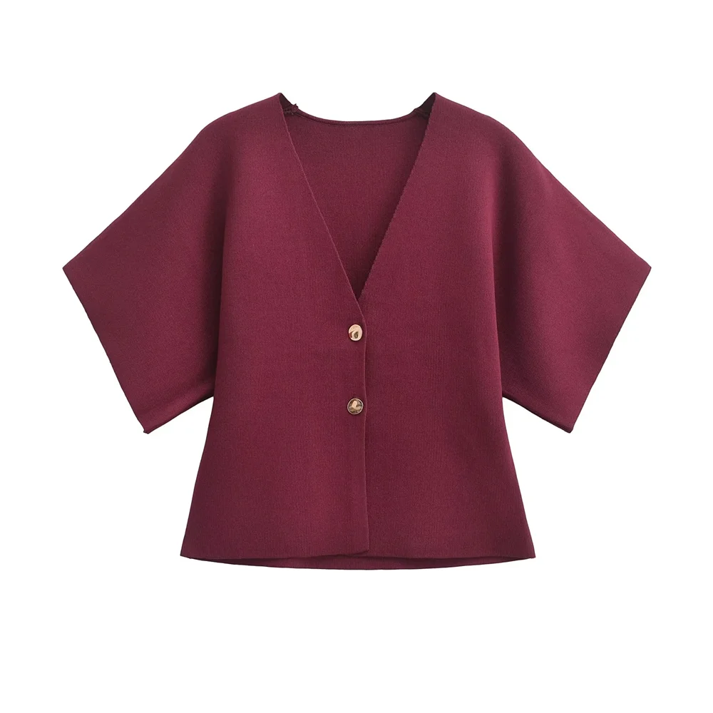 PB&ZA2024 Autumn New Product Women's Versatile Flat Needle Short Sleeve V-neck Sports Knitted Jacket