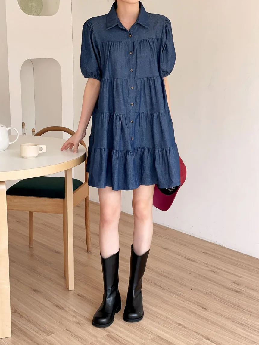 

Женское однотонное платье с воланом, однобортное платье во французском стиле с коротким рукавом и высоким воротником, Новинка лета 2024