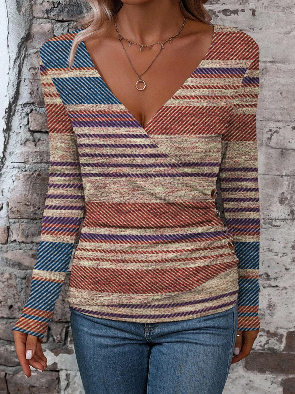 

2023 Women Tops Striped Wrap Button V-Neck Blouse Elegant Long Sleeve Spring Hollow Out Shirt Casual Loose Clothes Korean Blusas
