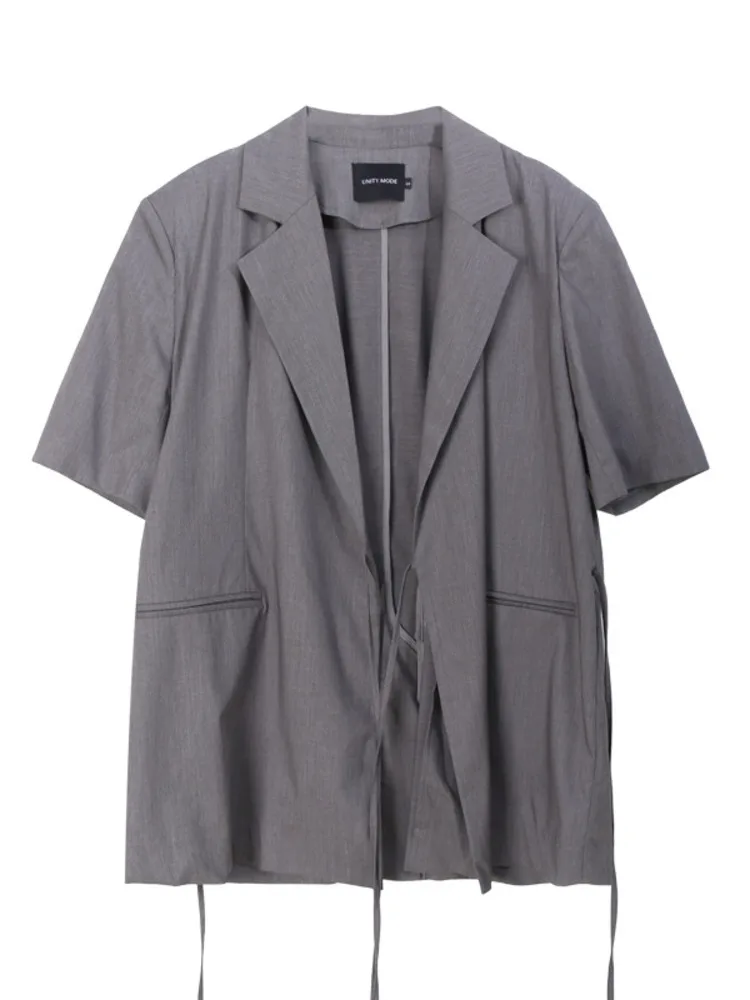 [LANMREM] Lace-up Gathered Waist Short Sleeve Blazers For Women Office Lady Loose Jackets Fashion Coats 2024 Summer New 26D9375