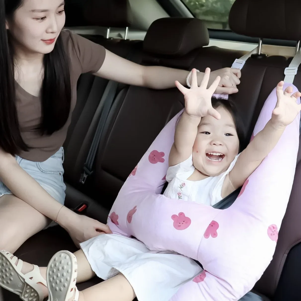 어린이용 카시트 벨트, 목 졸림 방지, 곰 포옹 베개 고정 장치,  목 보호대 어깨 커버, 뒷줄 수면