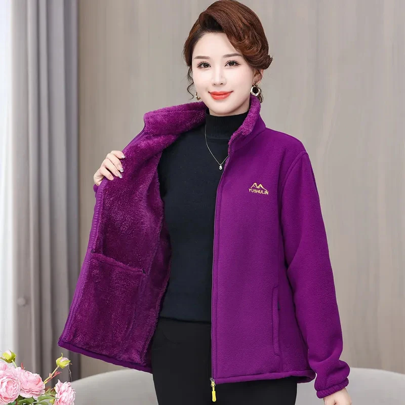 

New Middle-Aged Women's Autumn Winter With Fleece Thicke Warm Jacket Fleece Cardigan Coat Large Size Female Fleece Outerwear