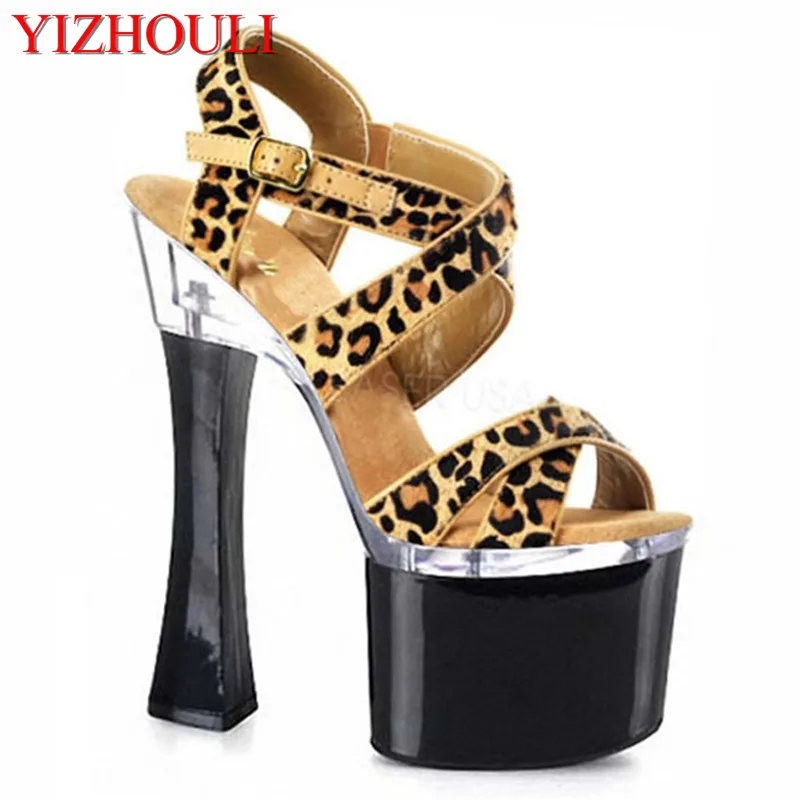 

Summer women sexy leopard print uppers high heels, root soles 18 cm stage model runway dance shoes