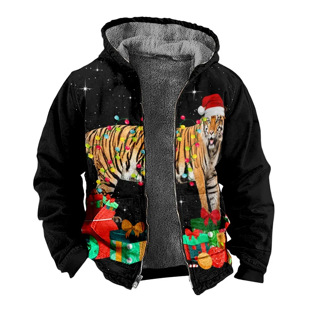 2023 New Christmas Cotton Coat Hooded Sweater Casual Print Long Sleeve Zipper Sweater Thick Cotton Coat Winter