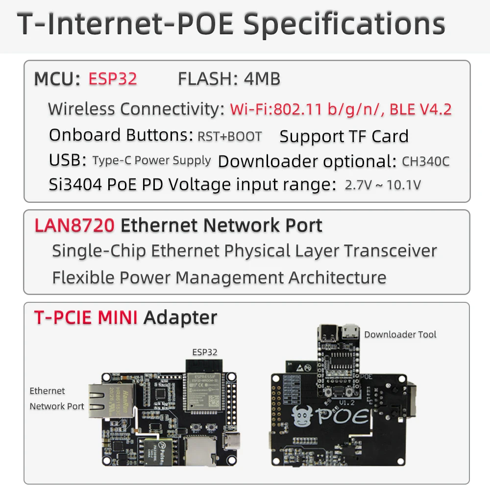 ® TTGO T-Internet-POE ESP32-WROOM LAN8720A Chip Ethernet Adapter And Downloader