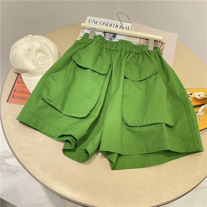 Summer New High Waist Pocket Patchwork A-line Wide Leg Pants Solid Color Loose Plus Size Shorts Fashion Trend Women Clothing