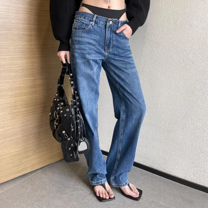 

Женские винтажные джинсы с вырезами, прямые синие брюки из денима в Корейском стиле, модель Y2k