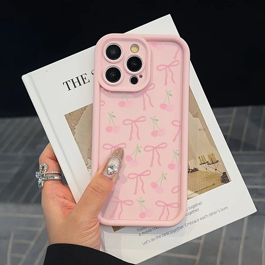 Cute pink phone case with a glittery bow pattern for iPhone 15 Pro Max, iPhone 16/14/13 Pro/12