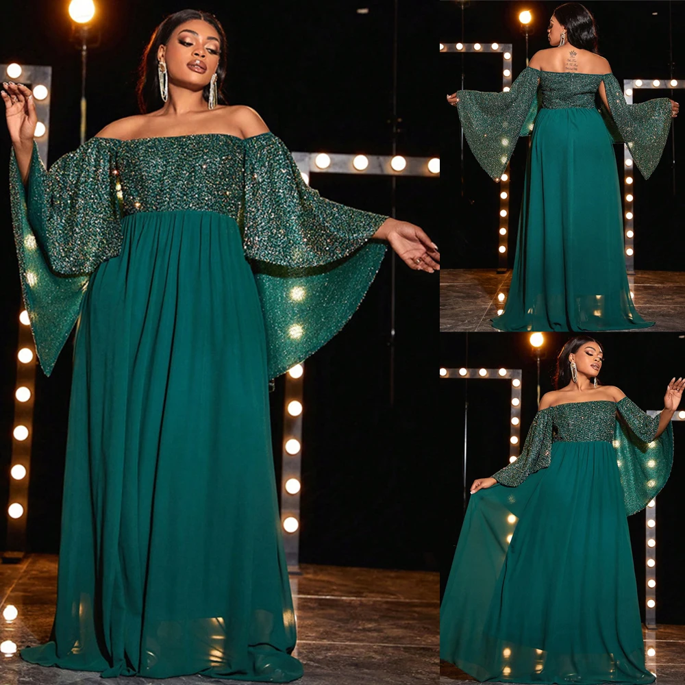 

Plus Size Off Shoulder Cape Sleeve Sequined Loose Shiny Long Evening Gown Big Size Elegant Chiffon 4Xl Evening Dreeses Prom Gown