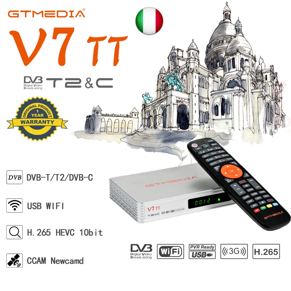 Receptor de Satélite Terrestre Gtmedia v7 tt Dvb-t t2 Dvb-c J.83b Receptor de Sinal H.265 Hevc 10bit Usb Pvr Pronto Ccam 1080p hd