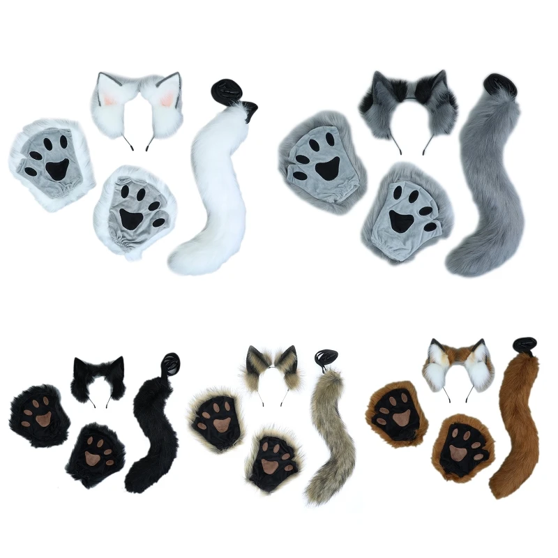 

Wolf Ears Headbands+ Paw Gloves + Tail Set Plush Headwear for Cosplay Festivals