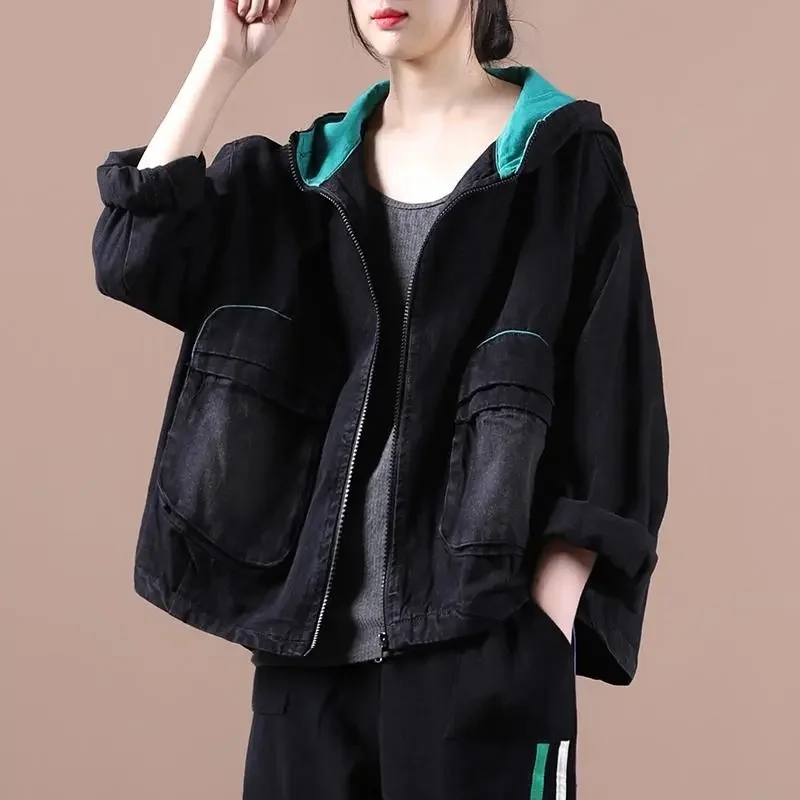 Spring Autumn Women's Wear New Loose Art Hooded Denim Outwear Short Coat Women's Fashion INS Spring Top Women Long Sleeve Coat