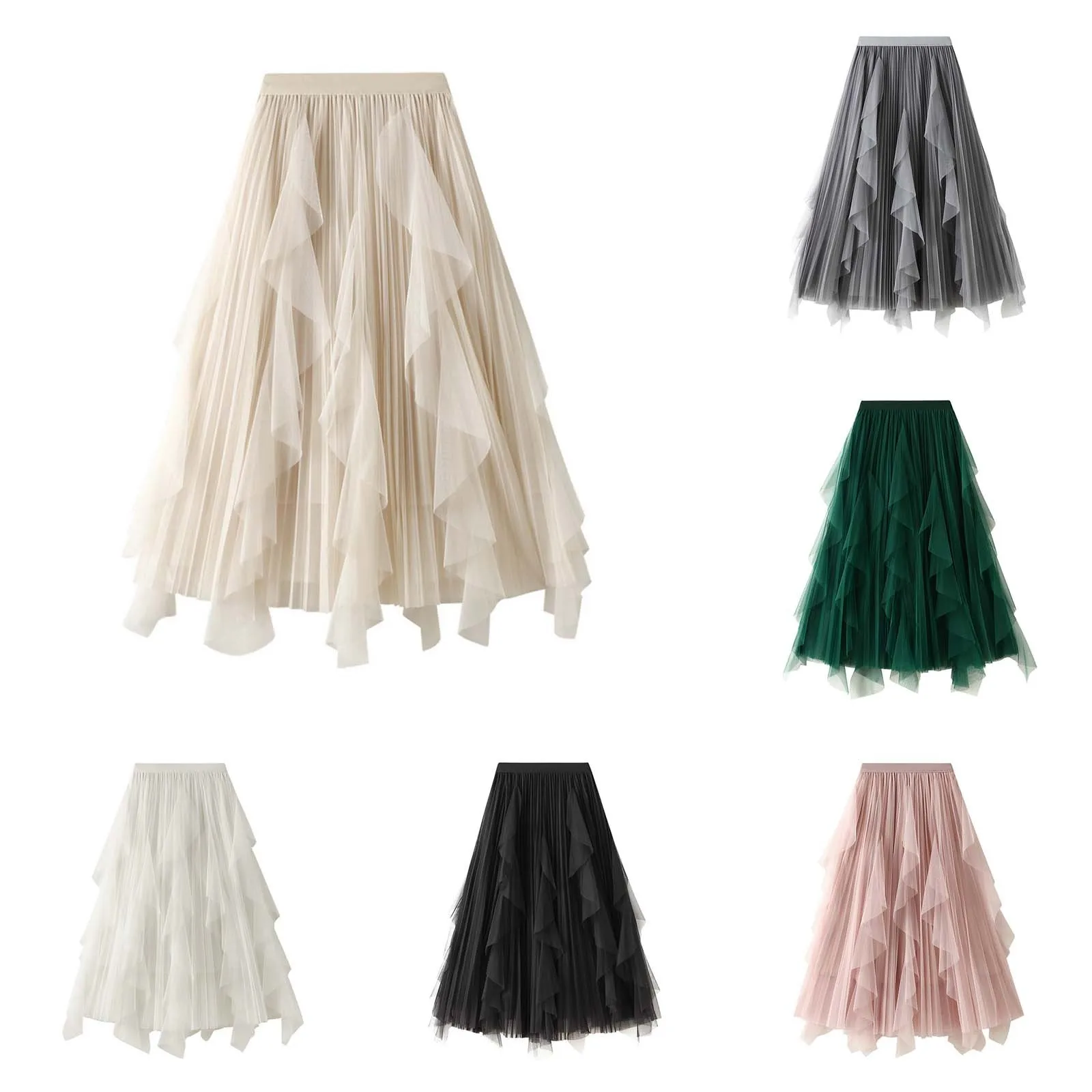 

Women's Fashion High Waisted Ruffled Mesh Skirt Women's Mid Length Pleated Skirt Jean Skirt for Women Stretchy