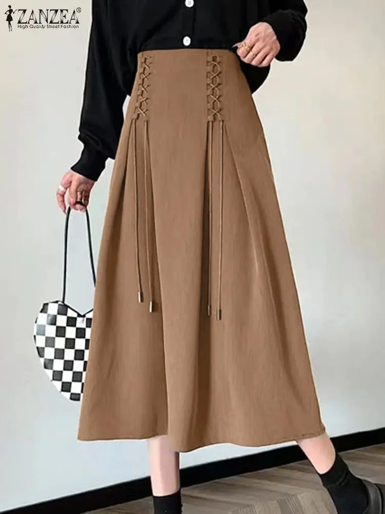 

ZANZEA Fashion High Waist Midi Faldas Women Umbrella Long Skirts 2023 Autumn Solid Bandage Skirt Holiday A-line All-match Jupe