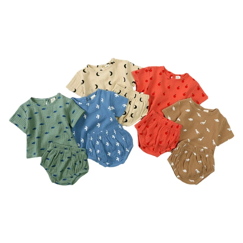 

Boys and Girls Cotton Linen Set 2023 Summer New Style Cartoon Printed Children's Two-Piece Dinosaur Baby Casual Clothing 0-3T