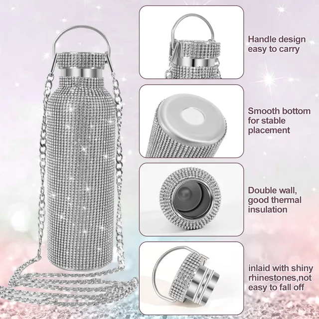 500ml/750ml Luxurious Diamond Thermos Bottle with Chain Flask Vacuum Cup Stainless Steel Water Kettle Girls Women Gift Bottle 5