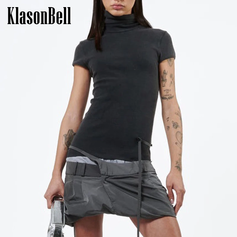 

3.27 KlasonBell 2024 New Fashion Runway Turtleneck Stretch Knit Spliced Mini Dress Fit Women Short Sleeve Lace-up Casual Dress