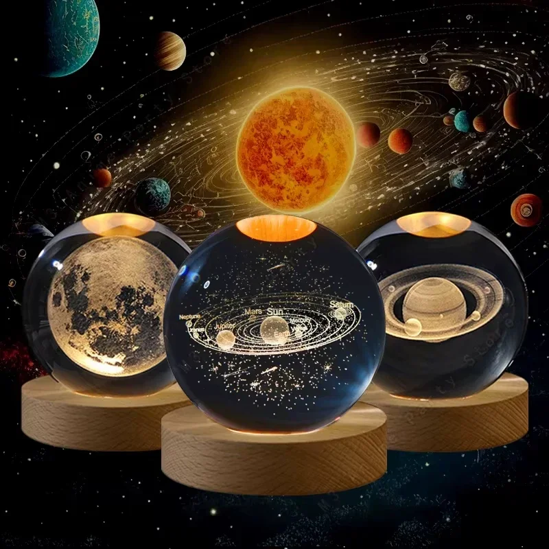 3D Galaxy Crystal Ball USB Moon LED Night Lights Wooden Base Glass Sphere Lamp Christmas Decorations Home Ornament Birthday Gift