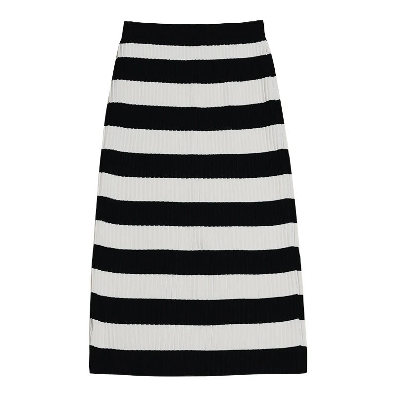 2022 Spring Autumn Fashion Elegant Striped Pleated Knitted Skirt for Women Office Lady High Waist Bodycon Street Midi Skirt Jupe