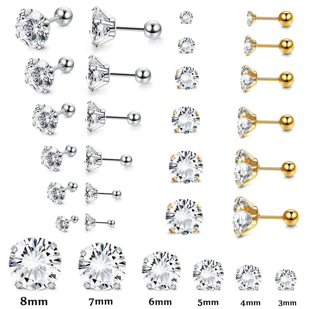 4 Prong Zircon Ear Studs Earrings 1 piece for Women Men Piercing Jewelry