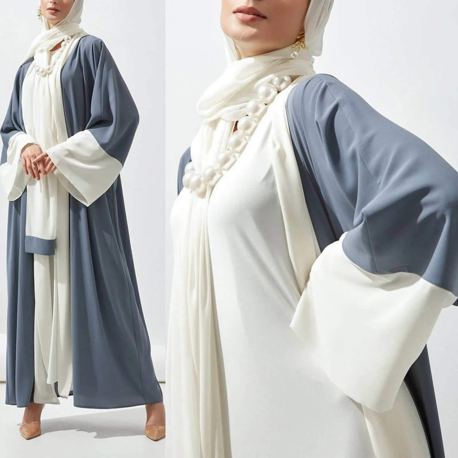 

Islamic Ladies Fashion Long Sleeve Dubai Turkey Ramadan Muslim Long Dress for Women Abaya With Hidjab Islam White Patchwork