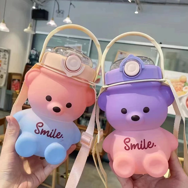 1000/1400ml Cute Bear Water Bottle With Straw Plastic Kawaii Water Jug  Juice Milk Bubble Tea Portable Gym Drink Bottle BPA Free