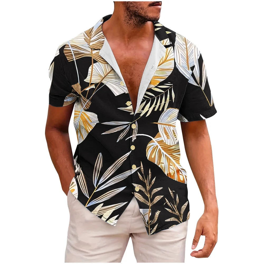 Hawaiian Fashionable Lapel Shirts For Men Summer Tropical Plant Printed Loose Short Sleeve Button-Down Beach Holiday Shirts 5XL 4